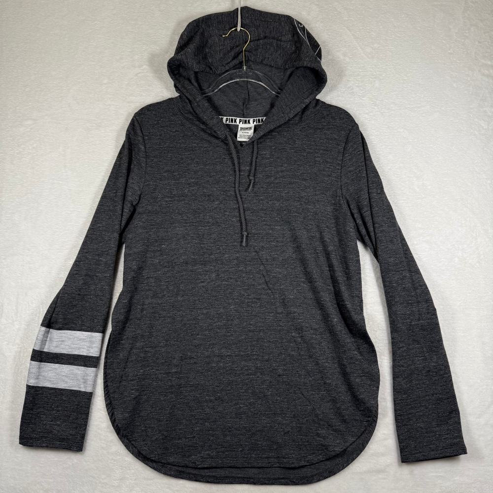 PINK Victoria's Secret Charcoal Gray Heather Hooded Long Sleeve T-Shirt Medium‎